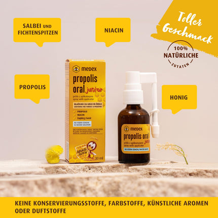 Medex Propolis Oral Junior, propolisa aerosols, mutes un rīkles aerosols, uz ūdens bāzes, BEZ spirta; ar pievienotu medu, salviju, niacīnu, egļu galiem, ar aplikatoru, bērniem no 3 gadu vecuma, 30 ml