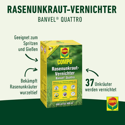 COMPO zāliena nezāļu iznīcinātājs Banvel Quattro, grūti kontrolējamu nezāļu apkarošanai zālienā, koncentrāts, 400 ml (400 m²)