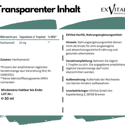 EXVital kaņepju sēklu eļļa, 25 mg dienas devā, 750 pilieni, auksti spiesta, 30 ml, augstākās kvalitātes audzēšana, vegāniska un laboratorijā pārbaudīta