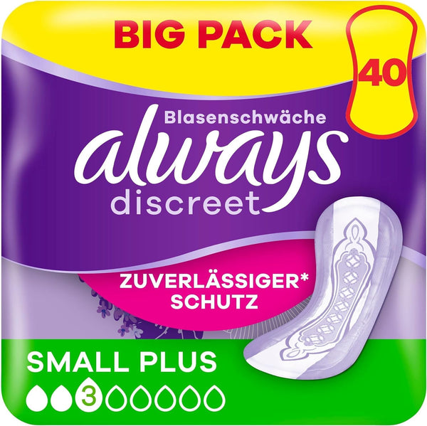 Always Discreet nesaturēšanas ieliktnīši sievietēm Small Plus, 40 gabali. Visaptveroša aizsardzība. Neticama diskrētums.