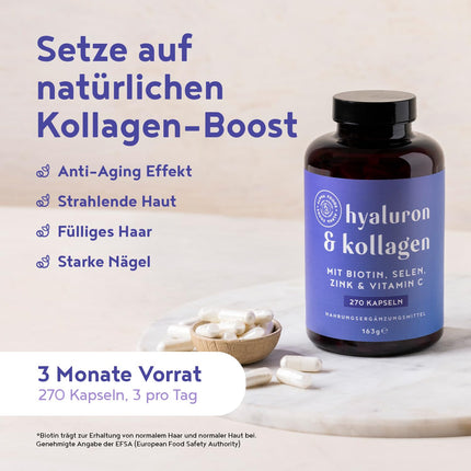 Hialuronskābes un kolagēna komplekss | 270 kapsulas | Augsta hialuronskābes, biotīna, selēna, cinka, C vitamīna un bambusa ekstrakta deva | Hialuronskābes kolagēna komplekss | Āda, mati, nagi | Alfa pārtikas produkti