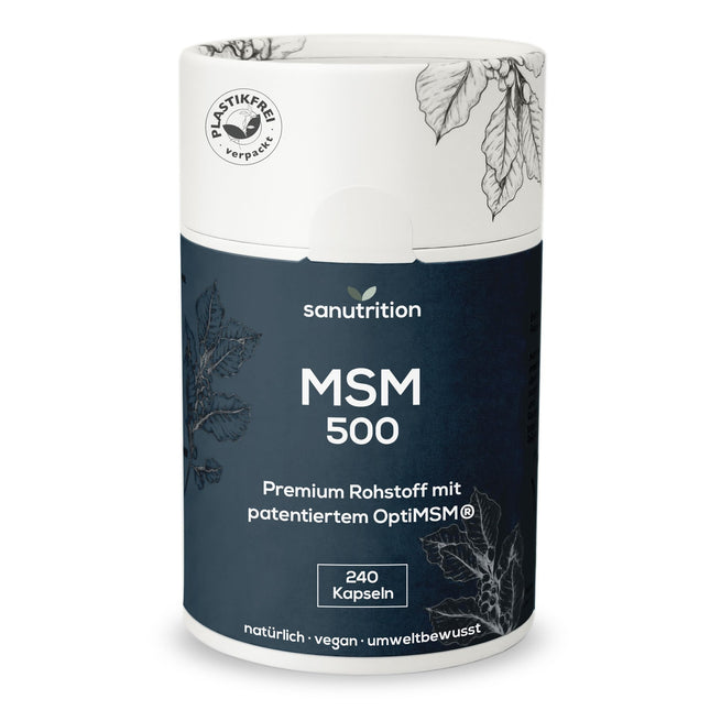 MSM 500 mg vienā kapsulā | 240 kapsulas | Augsta deva | Organiskais sērs | Ar firmas zīmi gatavotu izejvielu OptiMSM® ar īpaši labu biopieejamību | Vegāns | dabīgā papīra iepakojums