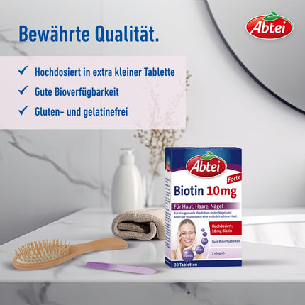 Abtei Biotin 10 mg Forte - Ādai, matiem un nagiem - Ar 10 mg biotīna - augsta deva, bez glutēna, piemērots veģetāriešiem - 30 tabletes