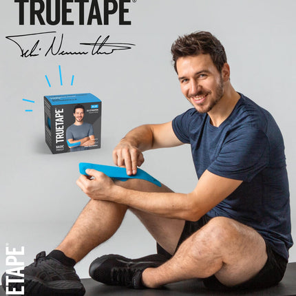 TRUETAPE® Kinesiotape – BASIC iepriekš sagriezta – 2 x 20 strēmeles (25 cm x 5 cm) – Iepriekš sagrieztas kinezioloģiskas lentes – Ūdensizturīga un elastīga fizioteipa ikdienas lietošanai un sportam – Zila un melna