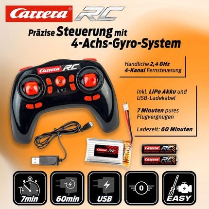 Carrera RC Quadcopter X2 drons | Ar mirgojošām LED gabarītgaismām | 3D cilpas funkcija | Automātiskās palaišanas un nolaišanās funkcija | 17,6 cm garums | No 12 gadiem | Iesācēja un progresīvais režīms