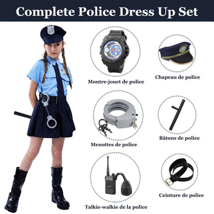 Policista kostīms bērniem, policists meitenēm ar aksesuāriem, ieročiem, policijas roku dzelžiem, rācijām, cepures un jostas Helovīna kostīmam, Cosplay karnevāla zils, 150 cm