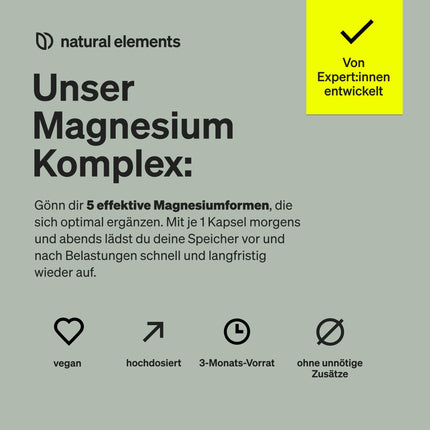 Magnija komplekss — Premium: Izgatavots no 5 augstas kvalitātes savienojumiem — 400 mg elementārā magnija vienā dienas devā — Laboratorijā pārbaudīts, vegāns, augstas devas