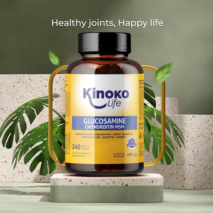 Kinoko life glikozamīns un hondroitīns – 240 kapsulas ar MSM, jūras kolagēnu, hialuronskābi, kurkumu, melnajiem pipariem, ingveru, bosvēliju un kvercetīnu. Locītavām, skrimšļiem un kauliem
