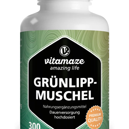 Zaļlūpu mīdiju kapsulas ar augstu devu: 1500 mg zaļlūpu mīdiju pulvera no Jaunzēlandes vienā dienas devā, 300 kapsulas nepārtrauktai lietošanai, dabīgs uztura bagātinātājs bez piedevām, ražots Vācijā