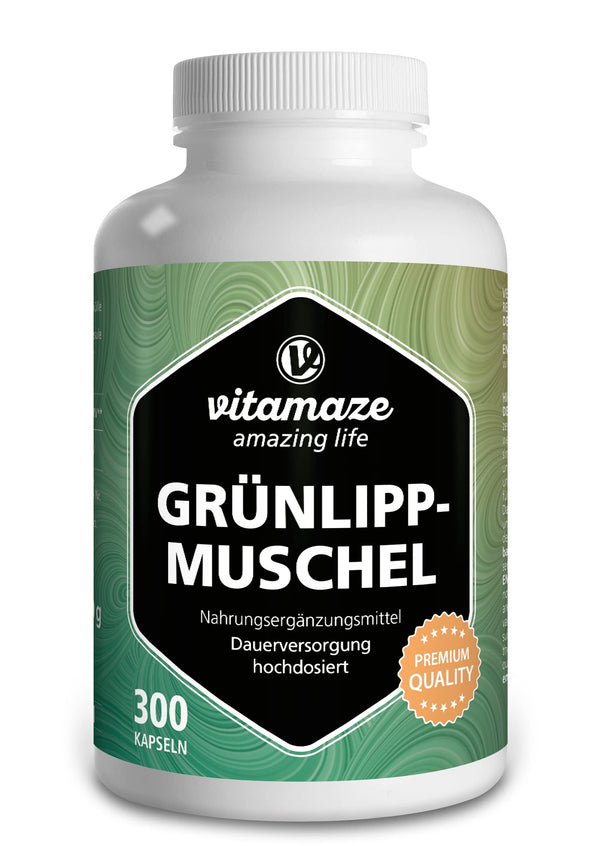 Zaļlūpu mīdiju kapsulas ar augstu devu: 1500 mg zaļlūpu mīdiju pulvera no Jaunzēlandes vienā dienas devā, 300 kapsulas nepārtrauktai lietošanai, dabīgs uztura bagātinātājs bez piedevām, ražots Vācijā