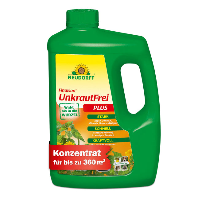 Neudorff Finalsan UnkrautFrei Plus koncentrāts — spēcīgs nezāļu iznīcinātājs, kas iedarbojas tieši līdz augu saknēm. Ātras darbības nezāļu tīrītājs 1x 2 litri, zaļš