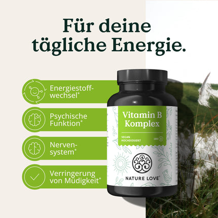 NATURE LOVE® B vitamīnu komplekss – augsta deva: ar 500 µg B12 vitamīna – 180 kapsulas (6 mēnešiem) – visi 8 B vitamīni (B1, B2, B3, B5, B6, B7, B9, B12) – vegāns, laboratorijā pārbaudīts un ražots Vācijā