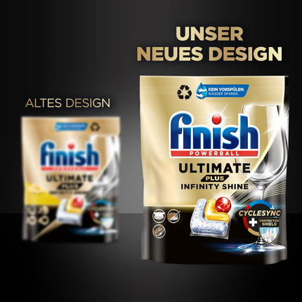 Finish Ultimate Plus Infinity Shine Citrus trauku mazgājamās mašīnas tabletes – trauku mazgājamās mašīnas tabletes intensīvai tīrīšanai, tauku šķelšanas jaudai un spīdumam ar aizsargvairogu – 105 kapsulas, tabletes, citrons