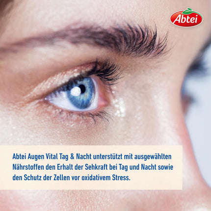 Abtei Eye Vital Day and Night - ar A vitamīnu, luteīnu, DHA un zeaksantīnu - redzes uzturēšanai - augsta deva, bez glutēna, bez laktozes - 30 kapsulas