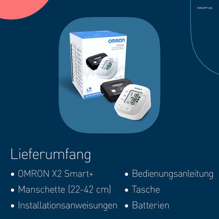 OMRON X2 Smart+ klīniski apstiprināts augšdelma asinsspiediena mērītājs ar Bluetooth + bezmaksas lietotni, Vācijas Hipertensijas līgas apstiprinājuma zīmogs precīziem mērījumu rezultātiem, universāla aproce 22–42 cm