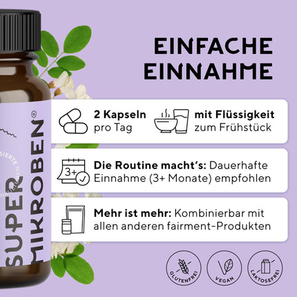 fairment SuperMicrobes® baktēriju celmi 3 miljardi CFU/dienas devā, ar cinku, vegāniski, histamīnu neitralizējoši un ar augstu devu, 60 kapsulas no Vācijas