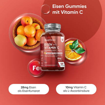 Dzelzs un C vitamīna želejkonfektes - 2 mēnešu deva - 28 mg dzelzs un 10 mg C vitamīna - 120 želejkonfektes - Dzelzs un C vitamīns veicina normālu enerģijas metabolismu (EFSA) - Alternatīva dzelzs tabletēm
