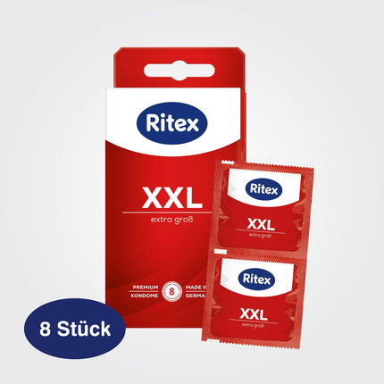 Ritex XXL prezervatīvi – īpaši lieli prezervatīvi (8 gabali) lielākam komfortam un intensīvākām sajūtām, prezervatīvi ar papildu lubrikantu – vegāniski prezervatīvi, dermatoloģiski pārbaudīti, ražoti Vācijā