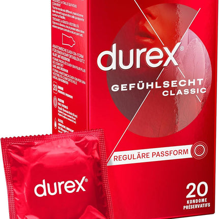 Durex Real Feel Classic prezervatīvi – plāni prezervatīvi ar anatomisku, viegli uzvelkamu formu un lubrikēti ar silikona gēlu – 20 gab. iepakojumā