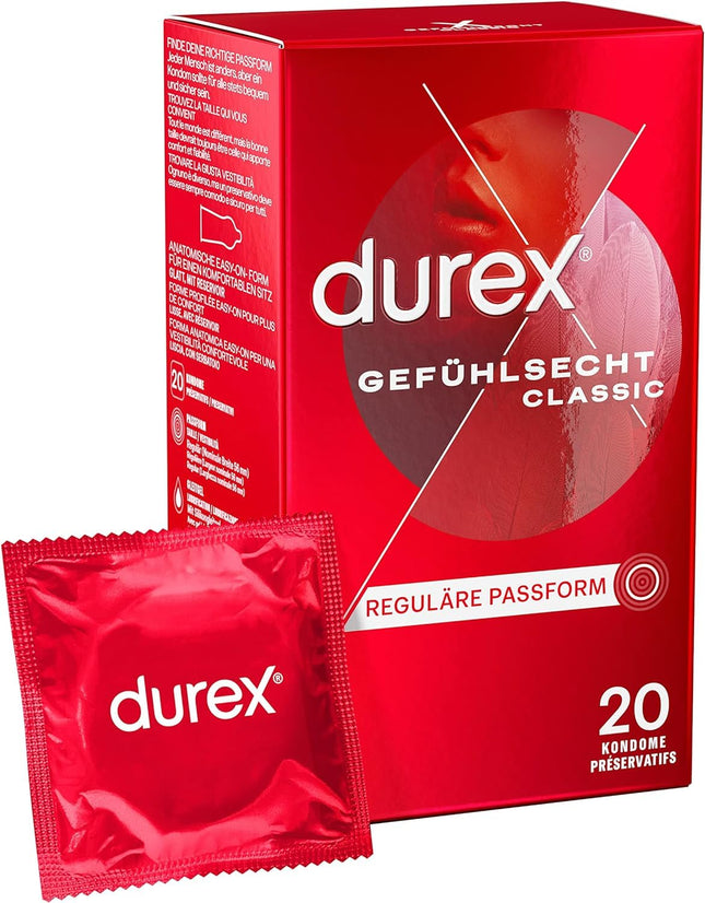 Durex Real Feel Classic prezervatīvi – plāni prezervatīvi ar anatomisku, viegli uzvelkamu formu un lubrikēti ar silikona gēlu – 20 gab. iepakojumā