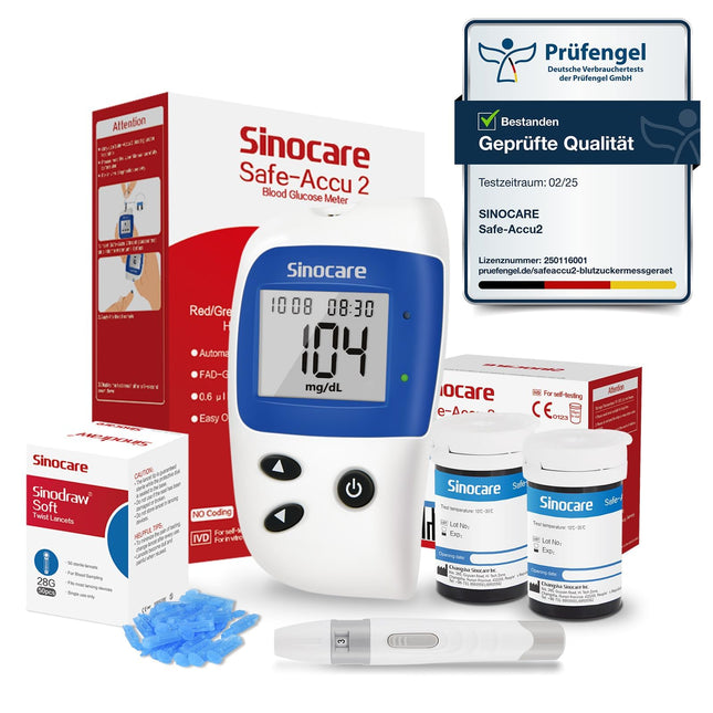 sinocare asins glikozes mērītājs, glikozes mērītājs ar asins glikozes testa strēmelītēm 50, nesāpīgs un ātrs, mazs parauga tilpums - mg/dL (Safe-Accu2 asins glikozes mērītāja 50 komplekts)