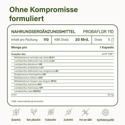 Nupure® Probaflor ar 345 miljardiem CFU/g*, 110 kapsulas ar 11 īpašiem baktēriju celmiem, Ar inulīnu un Lactobacillus salivarius SP2, Labāka aizsardzība, pateicoties īpašam iepakojumam, Vegāns