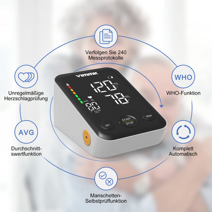 Vimmk asinsspiediena mērītājs augšdelmam, digitālais asinsspiediena mērītājs ar LED displeju, aritmijas noteikšana un pulsa mērīšana, 2x120 atmiņa, aproce 22-40cm