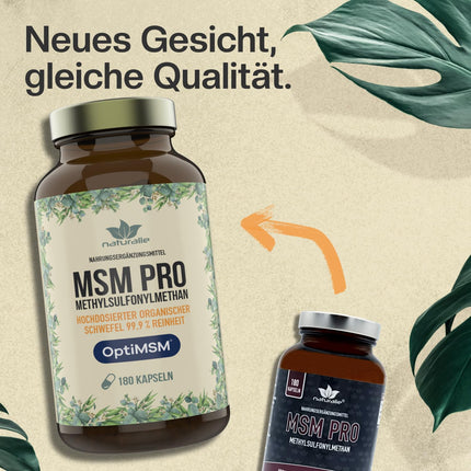 naturalie® MSM PRO - 1,6 g tīra metilsulfonilmetāna vienā dienas devā - 99,9% tīrība, pateicoties OptiMSM™ vairākkārtējai destilācijai - bez liekām piedevām - 180 kapsulas brūnā stikla iepakojumā bez BPA