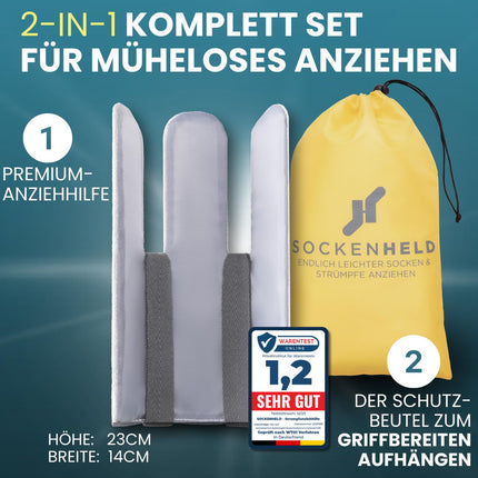 SOCKENHELD® 2-in-1 Premium zeķubikses – ar kabatu piekarināšanai papildu aizsardzībai un higiēnai – Ērtas savilcējstieni – Ideāli piemērotas senioriem, grūtniecēm un cilvēkiem ar ierobežotu kustību amplitūdu – 23 cm