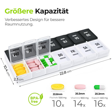 AUVON tablešu kastīte 7 dienas no rīta vakarā, ērta tablešu kastīte ar lieliem atsevišķiem nodalījumiem medikamentiem, vitamīniem, zivju eļļai, uztura bagātinātājiem utt.