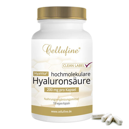 Cellufine® HyaVita hialuronskābe 150 kapsulas – augstas devas, augstas molekulmasas, bezglutēna, vegānas – 150 bezglutēna kapsulas ar HyaVita hialuronskābi | dabīgs un bez konservantiem