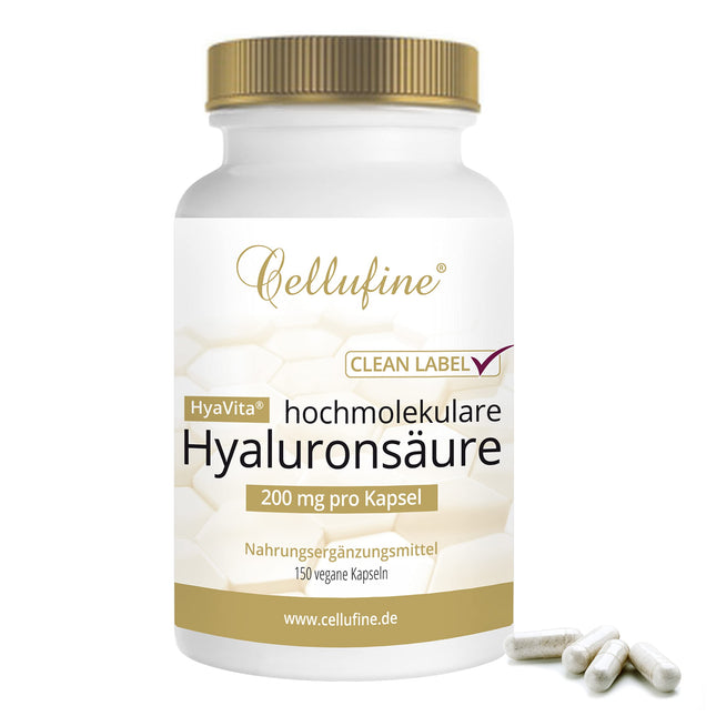 Cellufine® HyaVita hialuronskābe 150 kapsulas – augstas devas, augstas molekulmasas, bezglutēna, vegānas – 150 bezglutēna kapsulas ar HyaVita hialuronskābi | dabīgs un bez konservantiem
