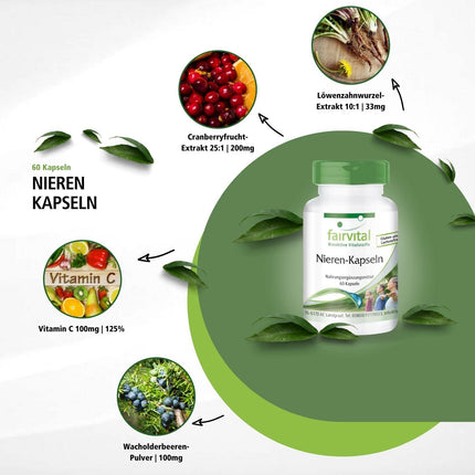 Fairvital | Nieru kapsulas - 60 kapsulas - AUGSTA DEVA - VEGĀNS - ar dzērvenēm, miltenēm, pienenēm un citām sastāvdaļām