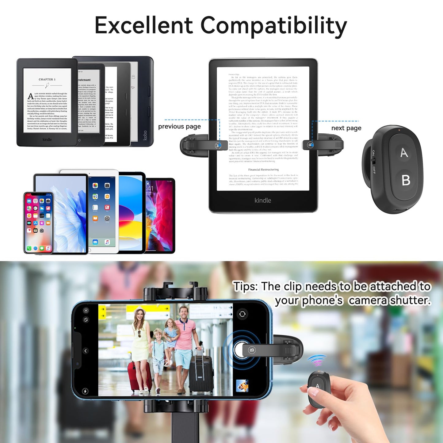 [2 klipi] UBUYUONE RF tālvadības pults lappušu pāršķiršanai lasīšanai Kindle, Paperwhite, Kobo, Finger Ring lappušu pāršķiršanai iPad, Android planšetdatoriem, e-grāmatu lasīšanai, romāniem un tālrunim, tālvadības kameras aizslēgs