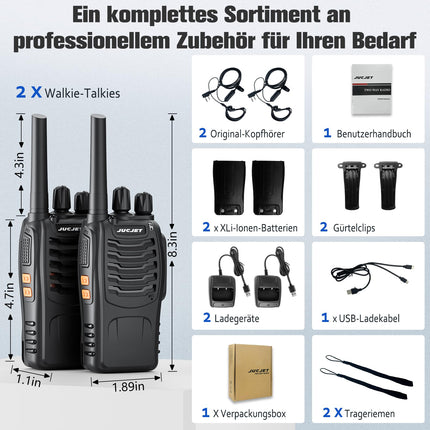 JUCJET 88E rācija, bezlicencīga PMR446 16 kanālu rācija, rokas rācija ar iebūvētu LED lukturīti. 2-in-1 C tipa uzlādes kabelis ar USB uzlādes staciju un austiņām (melns, 2 iepakojumā)