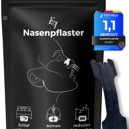 Ellicit® deguna plāksnītes, melnas, 30 gab. iepakojumā, augstas kvalitātes deguna plāksnītes, pret krākšanu, papildu atbalsts sportam un labāka miega kvalitāte, labāka elpošana ar aizliktu degunu, deguna plāksnītes [universāls izmērs]