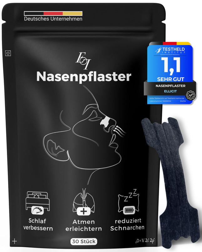 Ellicit® deguna plāksnītes, melnas, 30 gab. iepakojumā, augstas kvalitātes deguna plāksnītes, pret krākšanu, papildu atbalsts sportam un labāka miega kvalitāte, labāka elpošana ar aizliktu degunu, deguna plāksnītes [universāls izmērs]