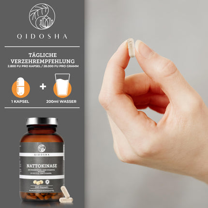 QIDOSHA® nāttokināzes kapsulas, augsta deva, visaugstākā enzīmu aktivitāte ar 28000 FU/g, 240 kapsulas stikla burkā, vegānas, bez K2 vitamīna, gala produkts bez sojas