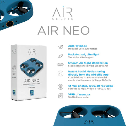AIR NEO by AirSelfie — kabatas izmēra gaisa kamera ar automātisko lidojuma funkciju, mini drons brīvroku fotoattēliem un video uzņemšanai, 12 MP kamera augstas izšķirtspējas fotoattēliem un 2K video, zilā krāsā