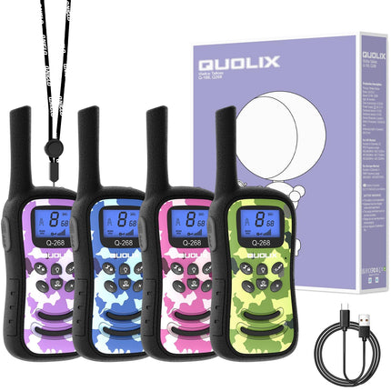QUOLIX WalkieTalkie Kids, uzlādējama rācija ar 24 stundu sarunu laiku, 3 km diapazonu, 8 kanāli un 99 kodi, LED lukturītis, maskēšanās dizaina rācijas āra aktivitātēm, kempingam, pārgājieniem (4 krāsas)