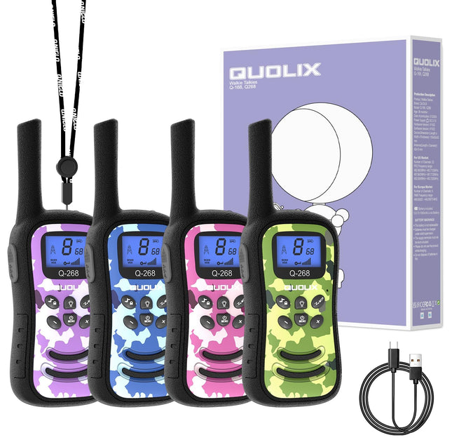 QUOLIX WalkieTalkie Kids, uzlādējama rācija ar 24 stundu sarunu laiku, 3 km diapazonu, 8 kanāli un 99 kodi, LED lukturītis, maskēšanās dizaina rācijas āra aktivitātēm, kempingam, pārgājieniem (4 krāsas)