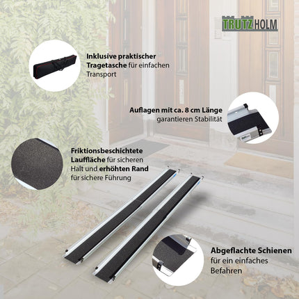 TRUTZHOLM ratiņkrēslu rampas teleskopiskā rampa 120–213 cm piekļuves rampas iekraušanas rampas iekraušanas sliežu pāris | 270 KG | Neslīdošs pārklājums, viegls tekstila somā (213)