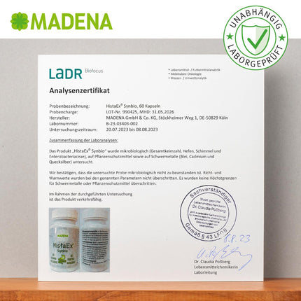 MADENA HistaEx Synbio – pienskābes baktērijas un bifidobaktērijas histamīna nepanesības un fruktozes nepanesības ārstēšanai – 60 kapsulas + 2 šķīstošās šķiedrvielas, dienas deva 20 miljardi baktēriju