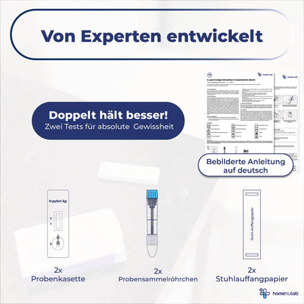 Mājas lietošanai paredzēts 2x Helicobacter Pylori eksprestests, vienkāršs antigēna fekāliju tests kuņģa darbības traucējumu, piemēram, grēmas vai gastrīta, noteikšanai, var izmantot kā pašpārbaudi (2x tests).