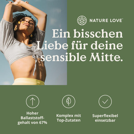 NATURE LOVE® pulveris ar augstu šķiedrvielu saturu - 450 grami - Šķiedrvielas: psilija sēnalas, akācijas šķiedra, inulīns, auzas un citas - ideāls uztura bagātinātājs zarnu attīrīšanai - vegāns un laboratorijā pārbaudīts