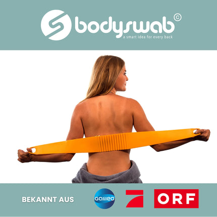 Bodyswab© muguras mitrinošais līdzeklis, plīsumizturīgs, izturības garantija, mazgājams trauku mazgājamajā mašīnā, alternatīvā muguras birste, muguras skrubis, ķermeņa kopšana, palīglīdzeklis senioriem, ražots ES, jautri sīkrīki