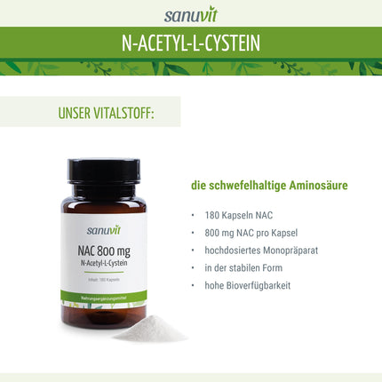 Sanuvit® - NAC | 180 kapsulas | Augsta deva | N-acetil-L-cisteīns ​​| Augsta biopieejamība un panesamība | Vegāns | Ražots Austrijā (180 gabali, 800 mg)