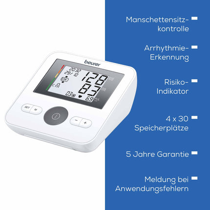Beurer BM 27 augšdelma asinsspiediena mērītājs ar manžetes piemērotības kontroli, klīniski apstiprināts, augšdelma apkārtmēram 22-42 cm, riska indikators, aritmijas noteikšana, paziņojums par pielietošanas kļūdām