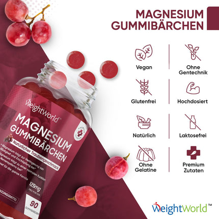 Magnija gumijas konfektes 125 mg - 90 magnija citrāta gumijas konfektes pieaugušajiem un bērniem - noguruma, nervu sistēmas un elektrolītu mazināšanai (EFSA) - vīnogu garša - alternatīva kapsulām un tabletēm - WeightWorld