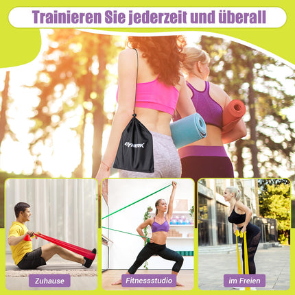 GYMERK fitnesa lentu komplekts (3 gab.), 1,8 m vingrošanas lente ar 3 pretestības līmeņiem, fitnesa lente ar durvju enkuru, pārnēsāšanas soma un vingrinājumu instrukcijas, ideāli piemērotas jogai, Pilates, spēka treniņiem un fizioterapijai.